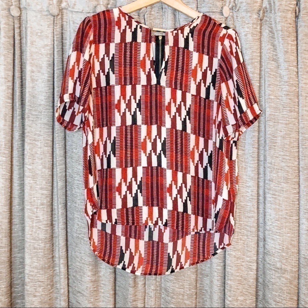 Michael Michael Kors Red & Cream Southwestern Print Sheer Short Sleeve Top Small